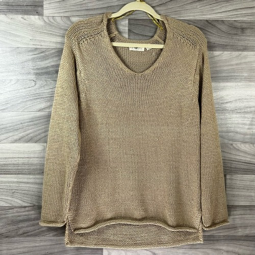 Retrod Womens Pullover Sweater Beige Long Sleeve V Neck Tight Knit Slit S - Picture 4 of 12